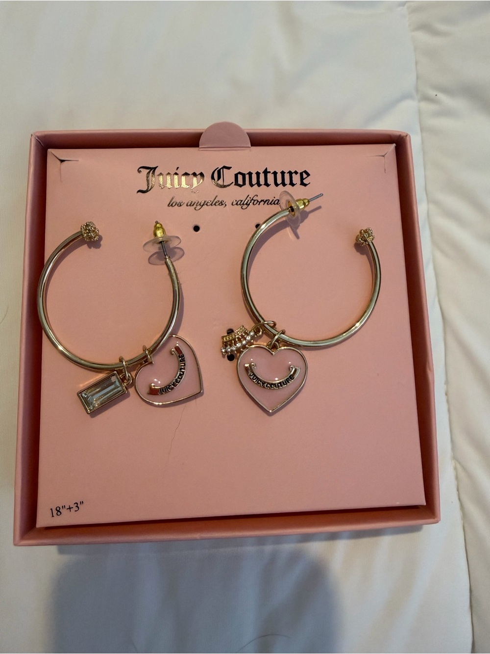 Juicy Couture Gold Hoop Earrings with Heart and Crystal Charms